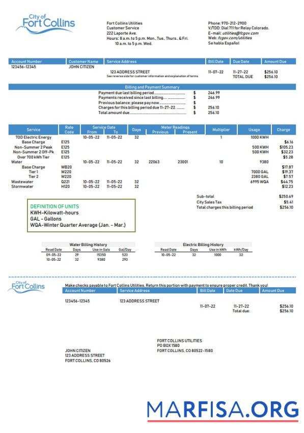 Blank USA Colorado Fort Collins Utilities utility bill template in Word and PDF format